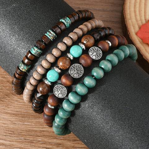 Retro wind zinc alloy life tree hand-woven wooden beads beaded multi-layer five-piece bracelet m3331272