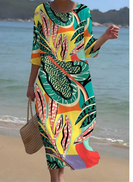 Loose crew neck fashion high-end long-sleeved printed dress m301053