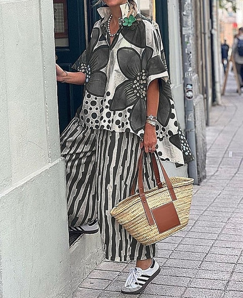 Women's lapel loose geometric printing casual suit m301238