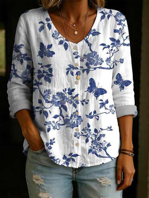 Crew Neck Women's Floral 3D Printed Women's Henley Shirt m302611