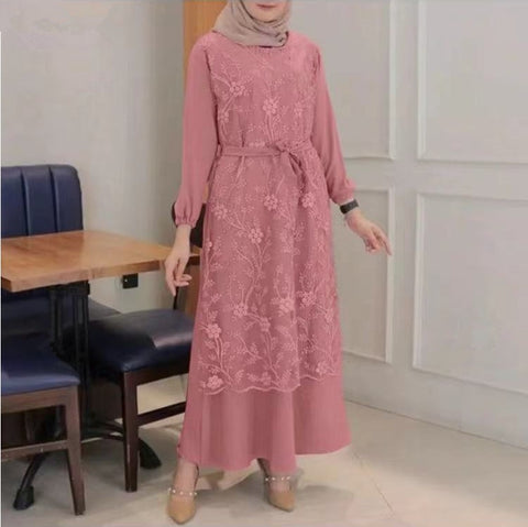 Muslim Crew Neck Lace Long Sleeve Waist Loose Long Dress Women's m301325