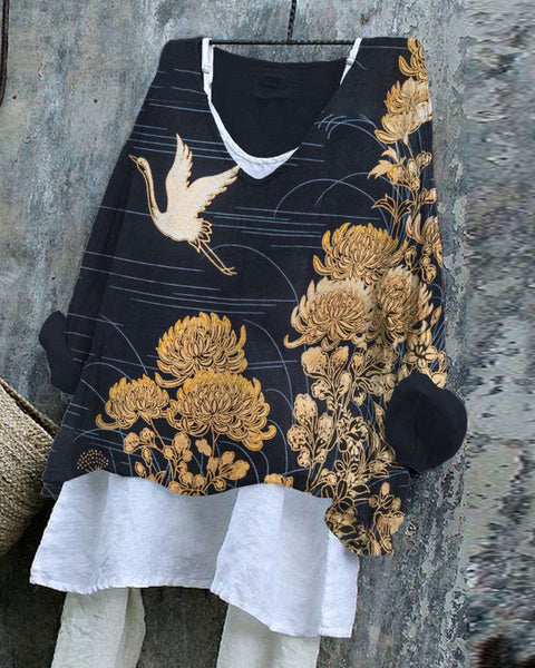 Long-sleeved printed casual pullover loose round neck single-piece T-shirt m301042