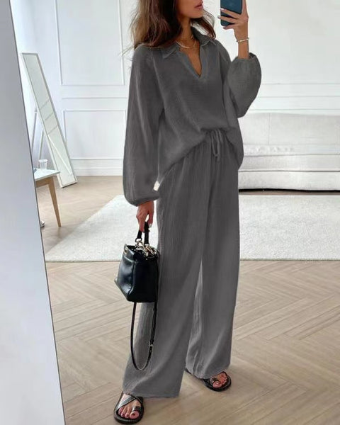 Elegant women's casual loose suit women's long-sleeved top + drawstring trousers suit autumn lapel two-piece set m301184
