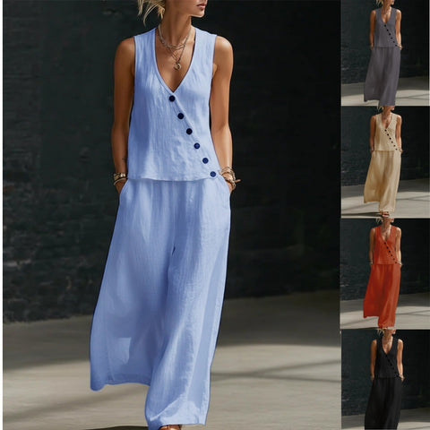 Spring and summer new sleeveless V-neck button top solid color pants casual suit m302509