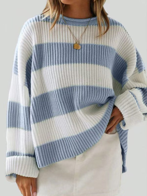 Crew neck long sleeve striped knitted sweater flared sleeve loose sweater women m301591