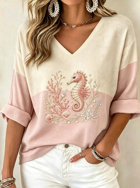 Pull col V manches longues imprimé femme m303200