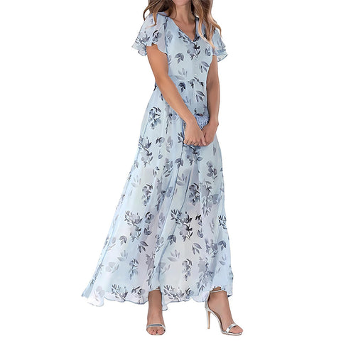 Big pendulum long dress V-neck short-sleeved printed chiffon dress m301544