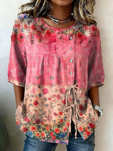 Temperament women's long-sleeved shirt printed top lace-up shirt m302925