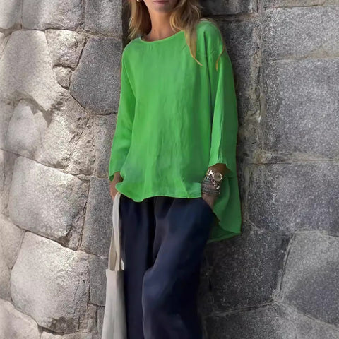 Women's nine-quarter sleeve crew neck cotton and linen loose shirt top m302007