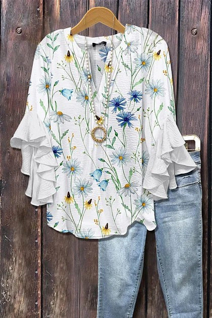 Digital printing casual trend V-neck lotus edge T-shirt women's m302725-1