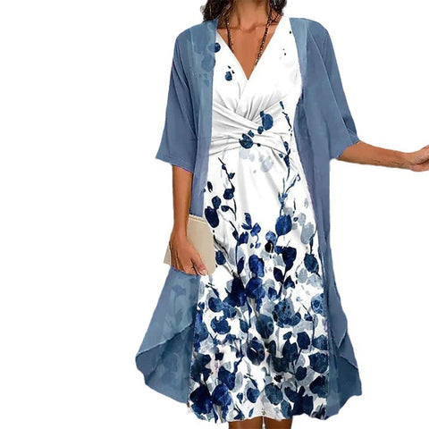 Fashion Positioning Printed Cross V-Neck Sexy Chiffon Suit Dress m301706