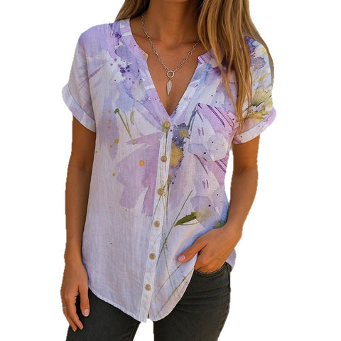 Casual short-sleeved V-neck cardigan digital printed shirt m303108