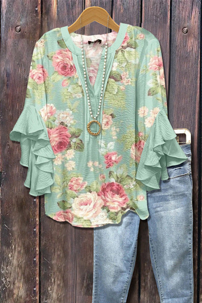 Digital printing casual trend V-neck lotus edge T-shirt women's m302725-1