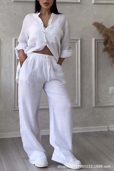 Casual cotton and linen solid color shirt drawstring wide-leg pants set m302317