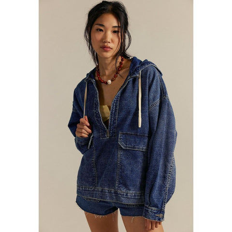 Fashion Loose Casual Wash Hooded Denim Long Sleeve Top m303253