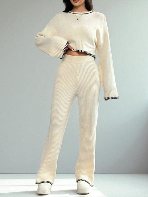 New fashion long-sleeved knitted top high-waisted wide-leg pants two-piece set m302090