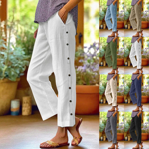 New cotton and linen breathable nine-point pants side seam decorative buckle side pocket high waist loose casual pants m301938