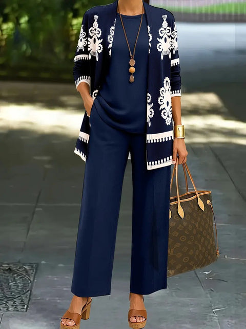 Pink three-piece casual suit women's cardigan wide-leg pants m302761