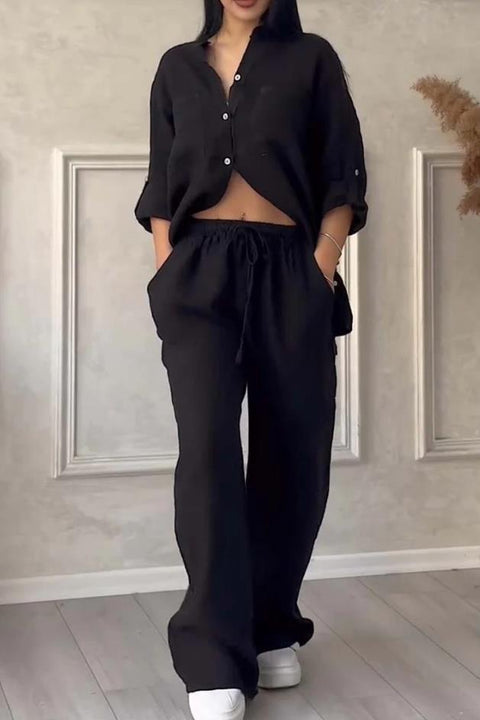 Casual cotton and linen solid color shirt drawstring wide-leg pants set m302317
