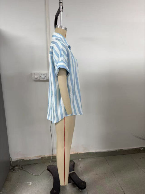 Versatile blue and white striped casual women's short-sleeved shirt m302415