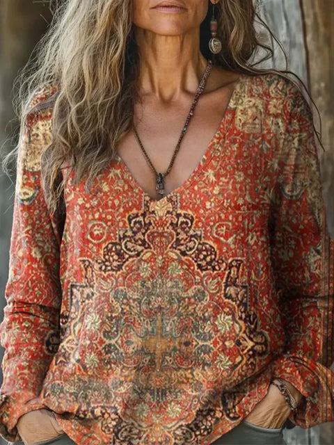 Casual V-Neck Long Sleeve Pullover Digital Printing Women's Upper T-Shirt m303120
