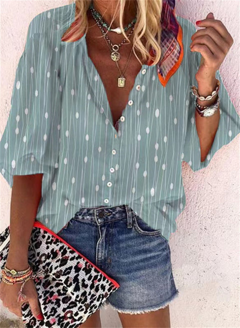 women's clothing stand-up collar loose button retro printed casual shirt m301723