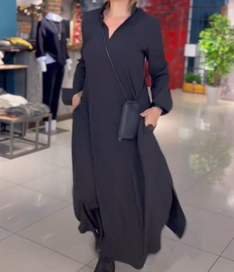 Casual solid color V-neck long-sleeved dress women's m301337