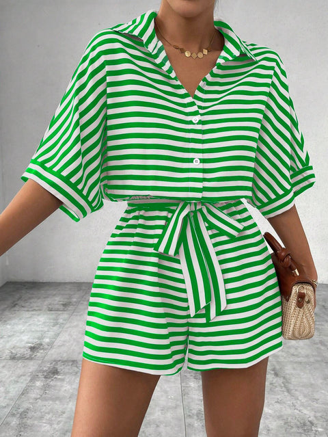 Striped lapel cardigan button medium sleeve belt shorts set onesie women's m301031