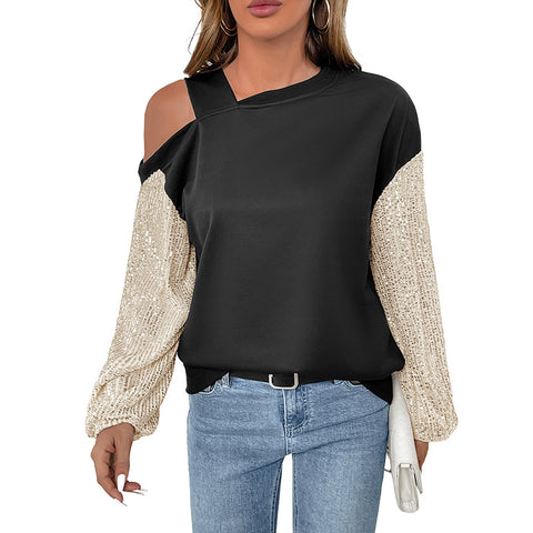 Long-sleeved sequins off-the-shoulder color matching sweater women's m300825