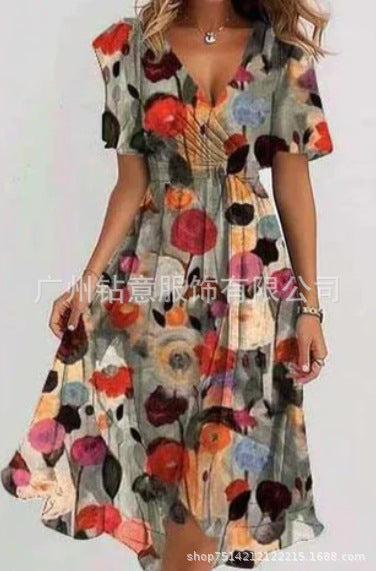 Casual comfortable V-neck floral new hot-selling printed dress m301703