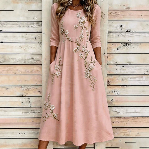 Creative floral elements seven-quarter sleeve long dress casual loose pocket dress m302768