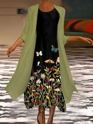 New women's long dress two-piece set flower and grass print crew neck dress m301251