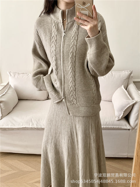 Loose knitted suit women's autumn and winter new zipper cardigan sweater + fishtail skirt m301789