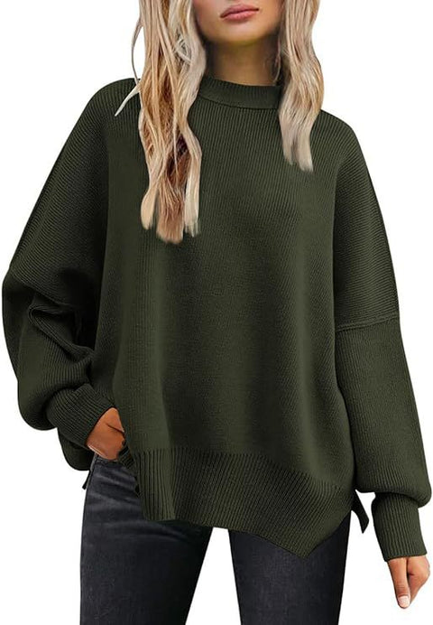 Crew neck bat wing long-sleeved sweater autumn knitted side slit jumper m301590