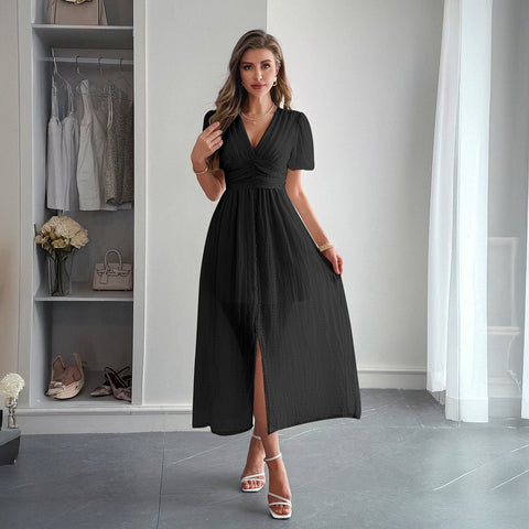 Holiday style deep V short sleeve long dress dress m301395