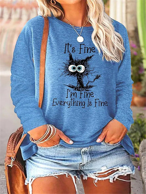 Black Cat Cartoon Printed Women's Crew Neck Long Sleeve T-Shirt M800016