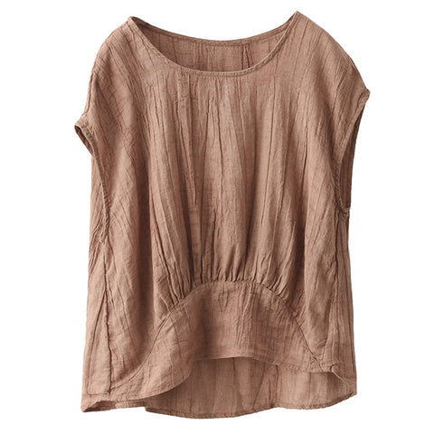 Vintage twisted pleated pendulum tencel ramie top femininity short-sleeved literary jumper m302056