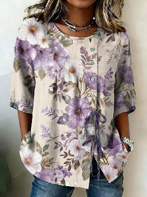 Color matching loose blouse five-button drawstring m302924