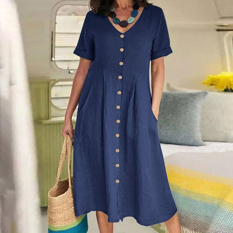 New solid color loose high waist cotton and linen dress m301192