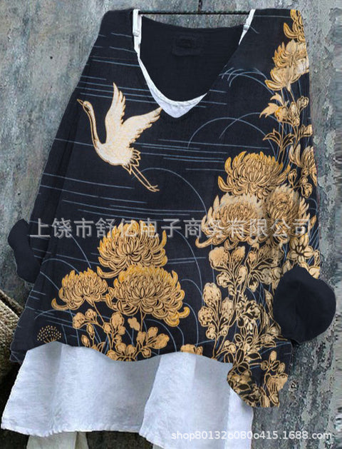 Long-sleeved printed casual pullover loose round neck single-piece T-shirt m301042