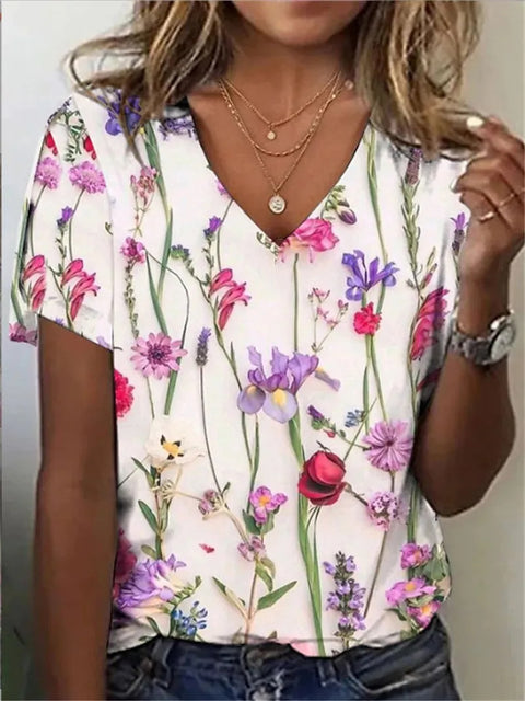 Faux cotton short-sleeve V-neck printed women's wear m303193