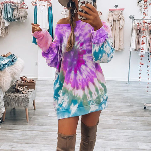 Women's printed spiral tie-dye crew neck sweater skirt m301212