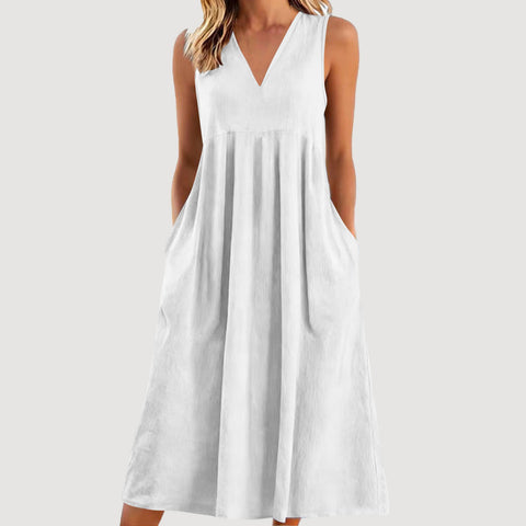Solid color pullover V-neck sleeveless cotton loose dress m302773