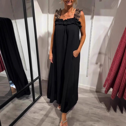 Popular vacation women's casual suspender splicing leopard print pocket cotton and linen dress m302050