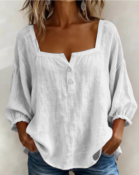 Floral print 3-button elegant wide neck top m302847