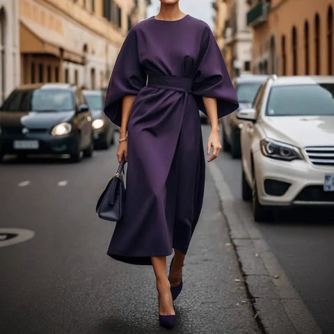 Fashion temperament elegant solid color waist dress casual bat sleeve long dress m301326
