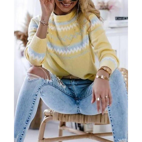 Large Size Women's Crew Neck Pullover Striped Sweater Knitted Sweater Long Sleeve Top Women's m301878