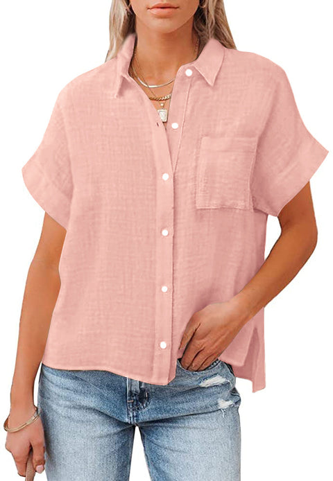 New cotton and linen short-sleeved casual side slit pocket shirt m300983