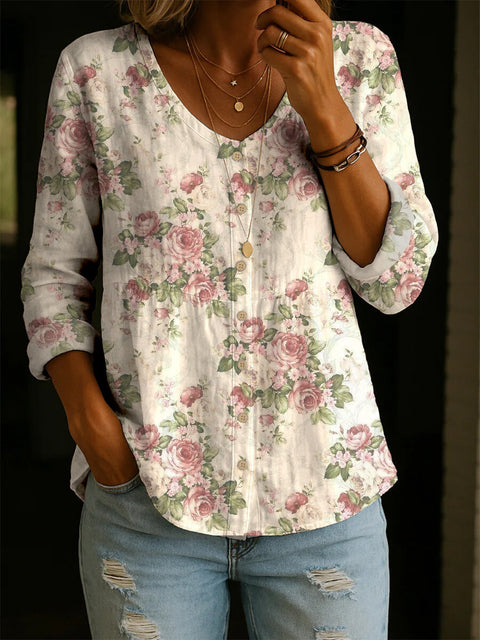 Crew Neck Women's Floral 3D Printed Women's Henley Shirt m302611