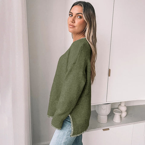 Fashion knitted sweater pullover trimmed crew neck sweater women's m300629